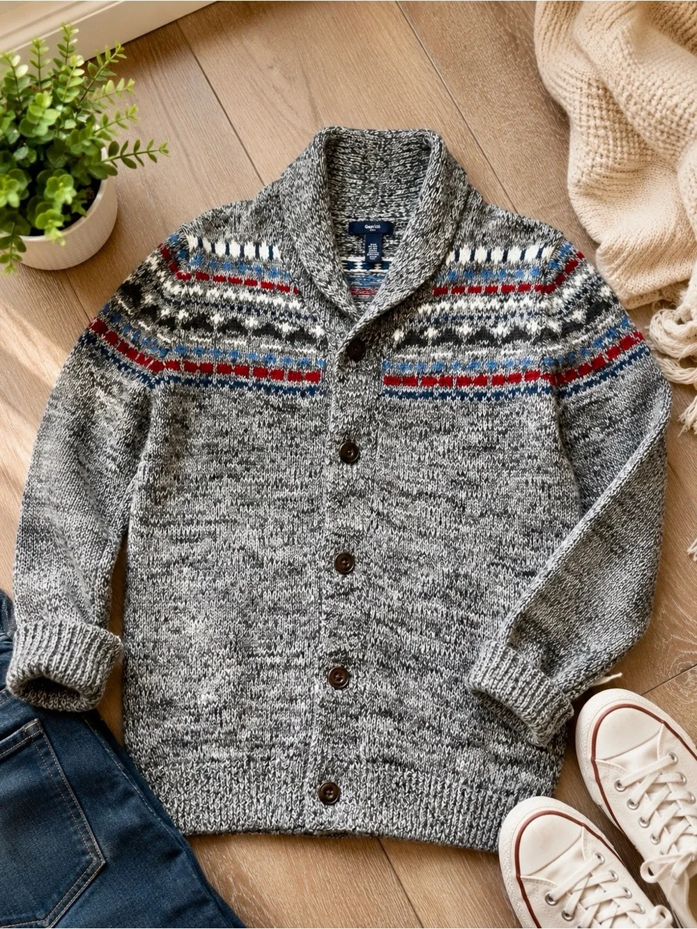 Gap kids Shawl Collar Gray Fair Isle Knit Cardigan Sweater -